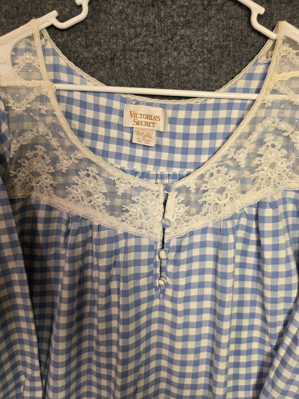 Vtg 80s Victorias Secret Gold Label Blue Gingham Lace Maxi Nightgown Cottagecore